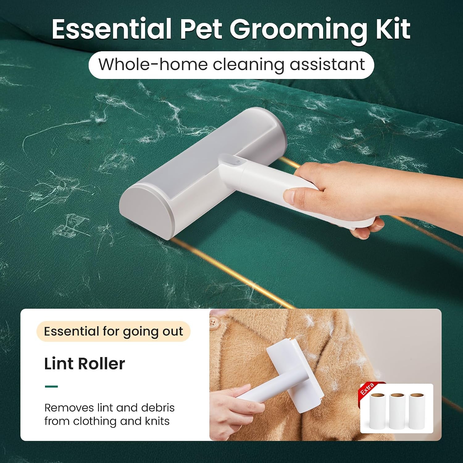 Pet Hair Removal Tool and Lint Roller Value Set, Extra Sticky Lint Remover and Reusable Dog Cat Hair Remover for Pet Hair Removal on Furniture, Couch, Carpet, Clothing, Bright White